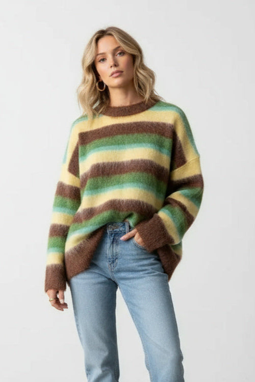 Damen Strickpullover mit buntem Streifenmuster | Weicher Rundhalspullover mit lockerer Passform und langen Ärmeln für Alltag und Freizeit