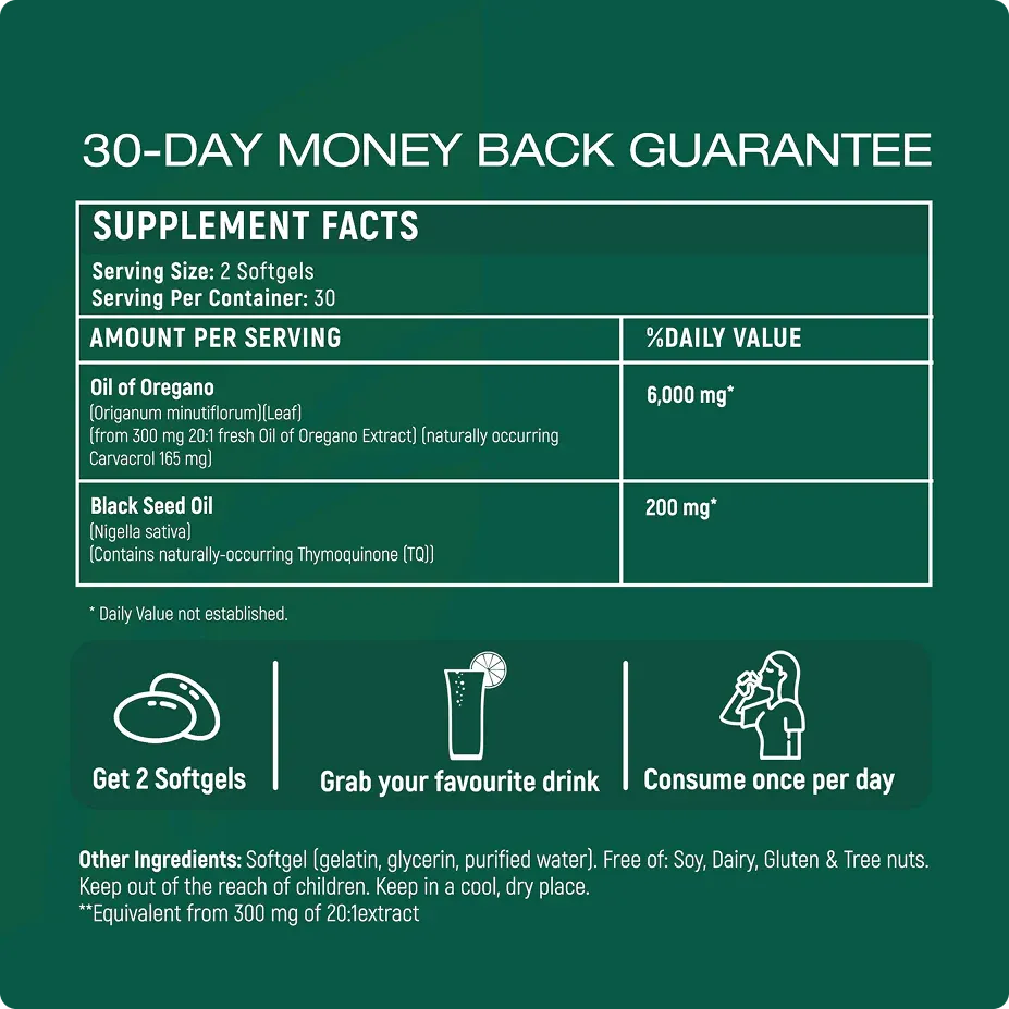 Kapsule s olejom z oregana | s čiernym rascom a 85 % karvakrolom | prírodná podpora čriev a imunity