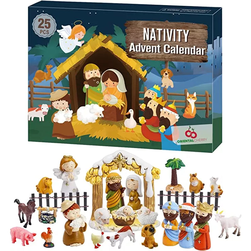 Krippen Adventskalender mit 24 Spielfiguren | Weihnachtskalender mit Krippenfiguren aus Kunststoff für Kinder und Familien