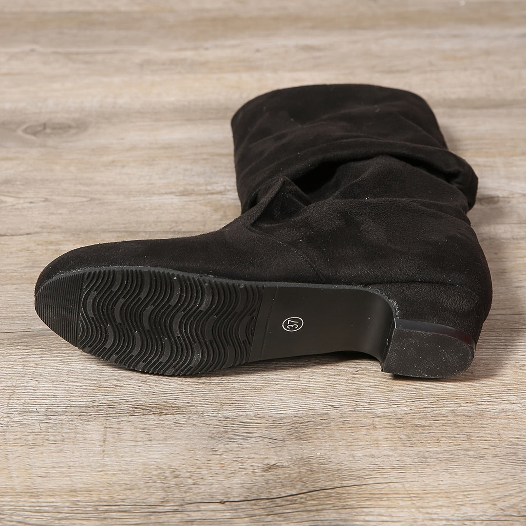 Damen Overknee Stiefel mit niedrigem Blockabsatz | Hohe Schlupfstiefel über dem Knie mit runder Spitze für Alltag und Freizeit