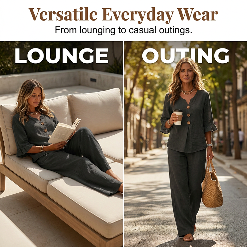 Damen Loungeset aus Baumwollmischung | Zweiteiliges Set mit Rüschenärmeln &amp; weiter Hose | Bequemes Freizeit-Outfit