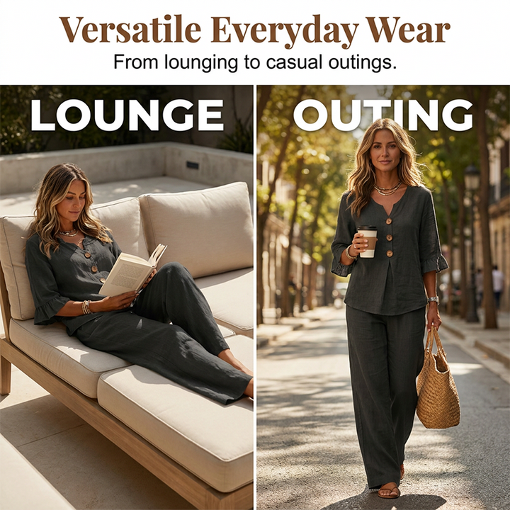 Damen Loungeset aus Baumwollmischung | Zweiteiliges Set mit Rüschenärmeln &amp; weiter Hose | Bequemes Freizeit-Outfit
