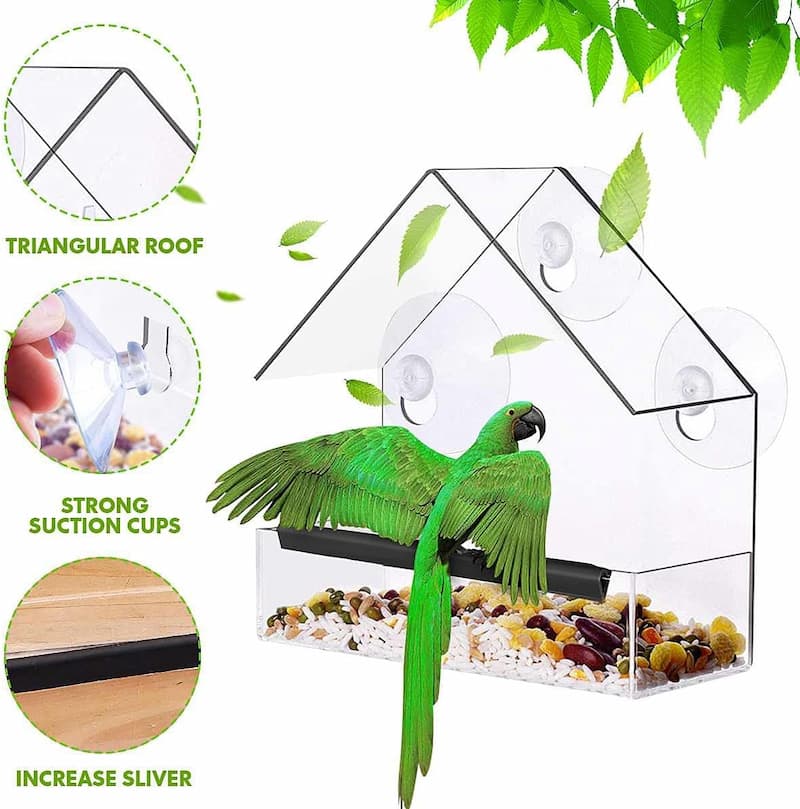 Window bird feeder with 3 suction cups – transparent acrylic for clear view | Open design for more birds | Easy to fill &amp; clean