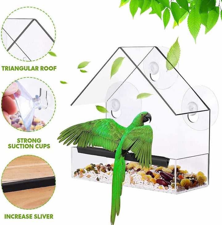 Window bird feeder with 3 suction cups – transparent acrylic for clear view | Open design for more birds | Easy to fill &amp; clean