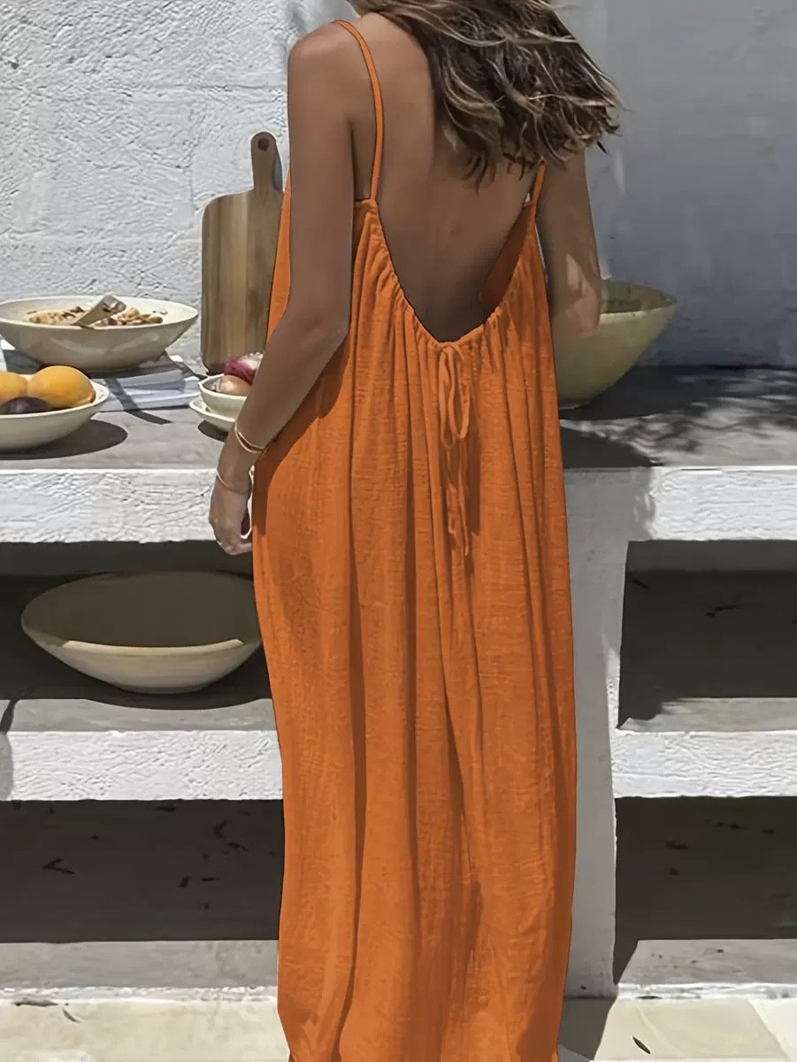 Abito cami donna senza schienale in misto cotone | Spalline sottili e vestibilità ampia | Abito estivo per vacanze e appuntamenti
