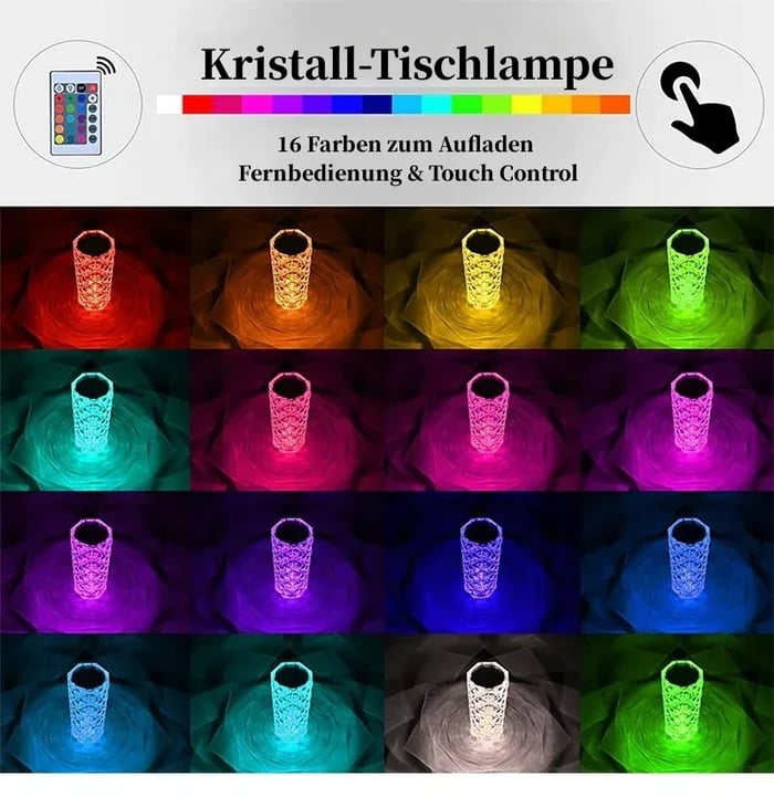Kristall-Tischlampe mit 3D-Diamant-Effekt | Dimmbare RGB-LED-Lampe mit 16 Farben, Touch-Steuerung &amp; Fernbedienung