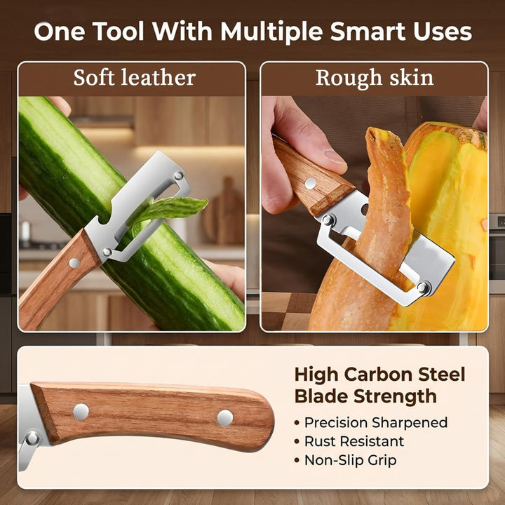 Pelapatate 2-in-1 per frutta e verdura in acciaio inox | Ampia superficie di taglio per melone e ananas | Manico in legno antiscivolo, incluso apribottiglie
