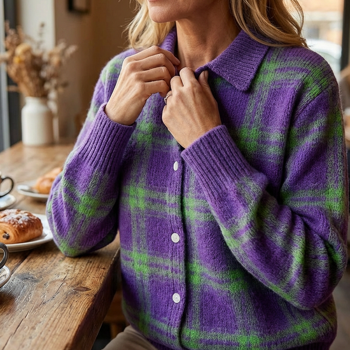 Damen Cardigan | Karomuster mit Knopfleiste &amp; Hemdkragen für Herbst und Winter