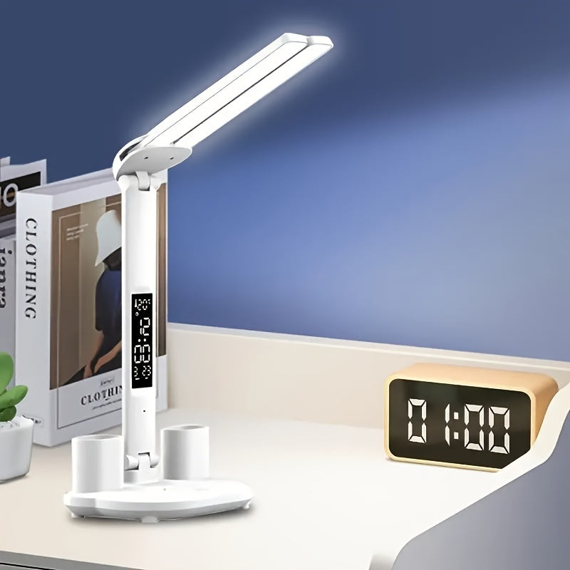 LED Schreibtischlampe dimmbar mit 2 verstellbaren Köpfen | Tischleuchte mit Touch-Bedienung, Digitalanzeige und USB-Anschluss