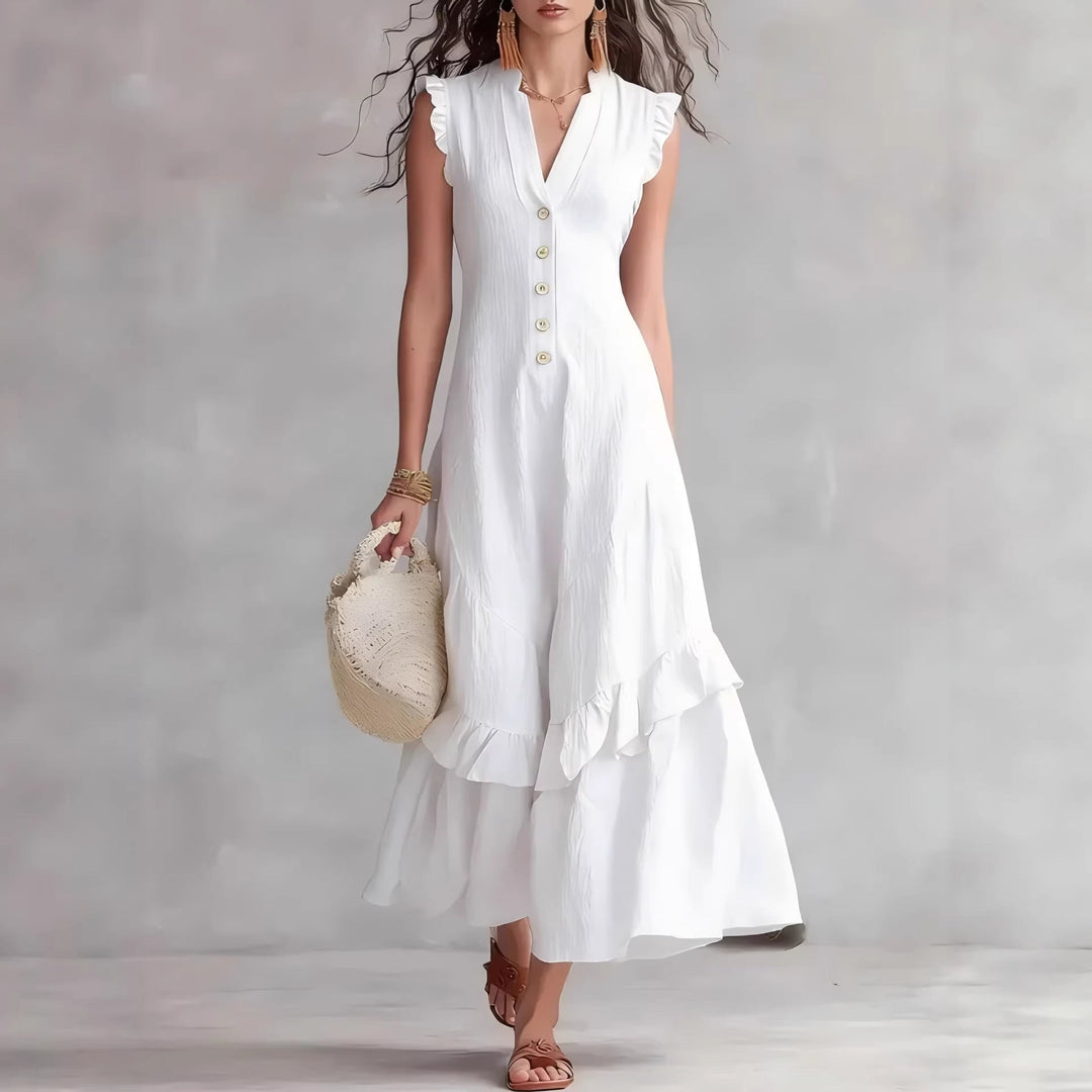Damen Maxikleid mit Plissee | Ärmelloses Sommerkleid mit ausgestelltem Saum