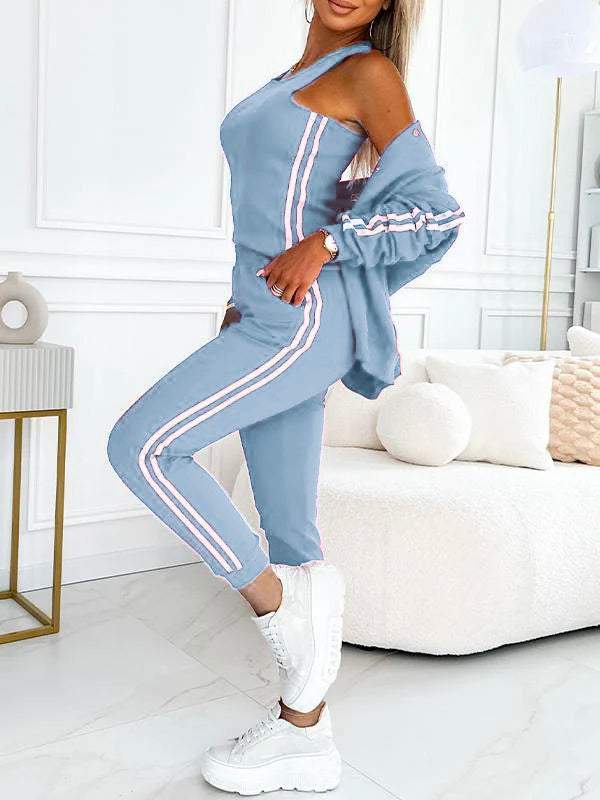 Women’s 3-piece set with baseball jacket, racerback top &amp; jogging pants | Warming &amp; breathable | Side stripe look | S–5XL