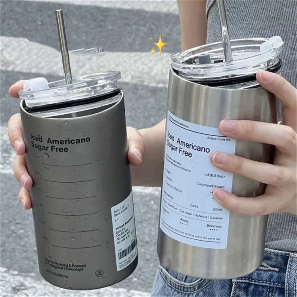 Edelstahl Trinkflasche 600 ml | Auslaufsicher mit Strohhalm &amp; Isolierung für warme und kalte Getränke