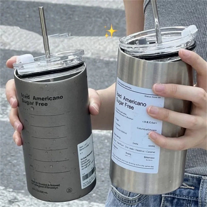 Edelstahl Trinkflasche 600 ml | Auslaufsicher mit Strohhalm &amp; Isolierung für warme und kalte Getränke