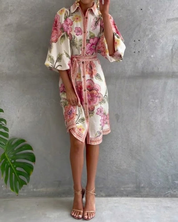 Damen A-Linien-Kleid mit Print | Knielanges Kleid mit Reverskragen und Laternenärmeln