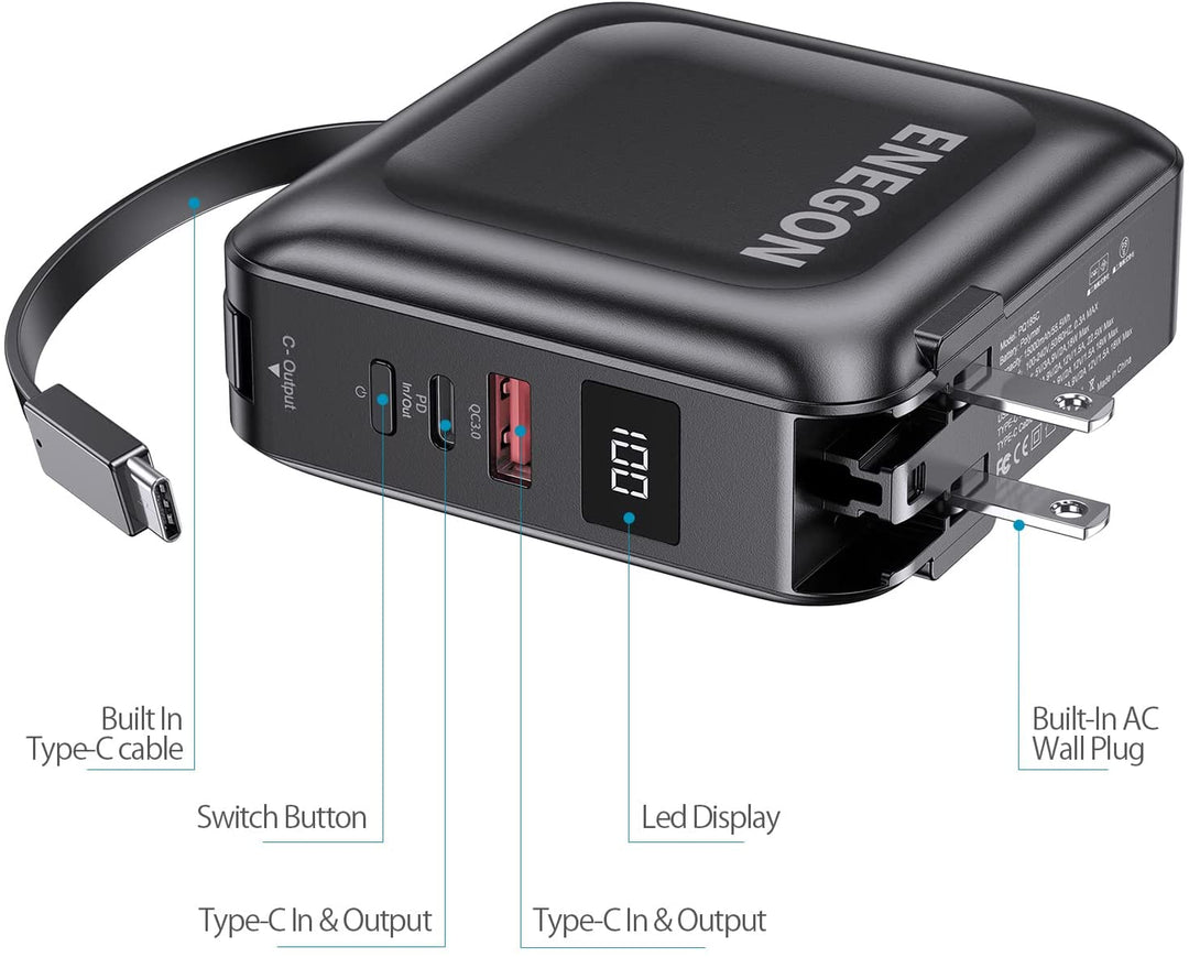 Powerbank 15000 mAh mit Schnellladefunktion | Tragbares Ladegerät mit AC-Stecker, USB-C, USB-A &amp; LED-Anzeige