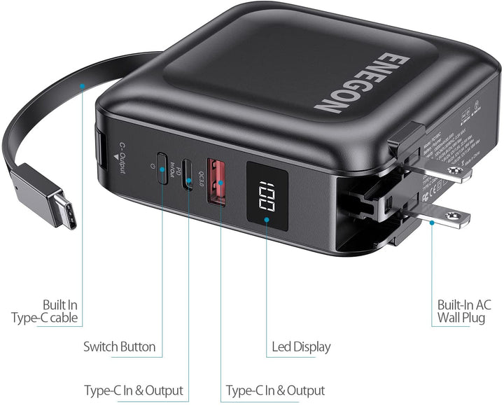 Powerbank 15000 mAh mit Schnellladefunktion | Tragbares Ladegerät mit AC-Stecker, USB-C, USB-A &amp; LED-Anzeige