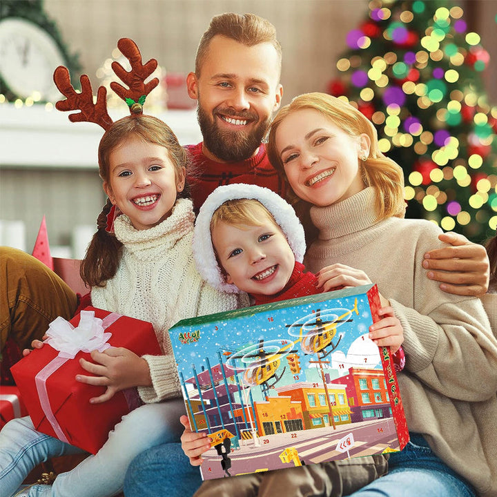 Baustellen Adventskalender für Kinder mit Baufahrzeugen | Weihnachtskalender mit Kran, Verkehrsschildern und Spielbrett aus Kunststoff