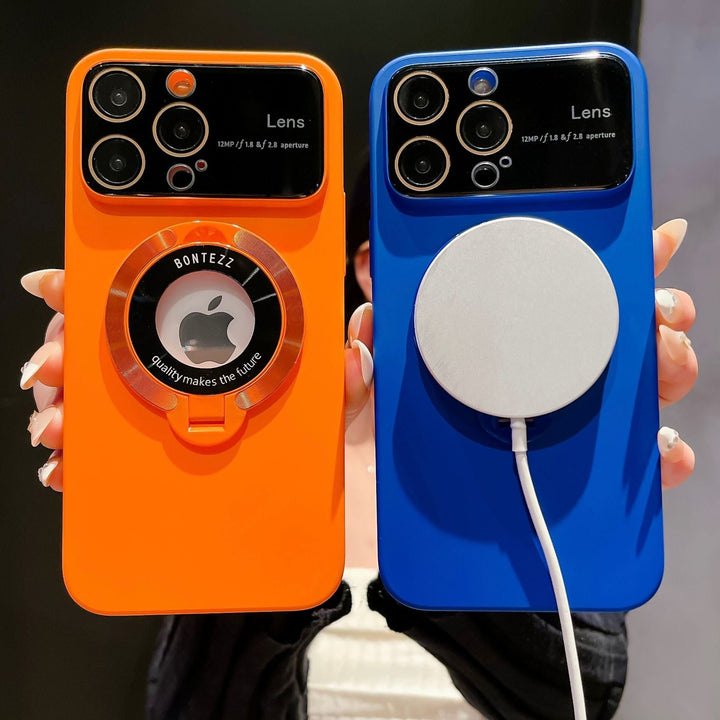 Custodia magnetica per iPhone | Compatibile con ricarica wireless | Supporto integrato, protezione per lente della fotocamera | Anti-impronte, PC trasparente