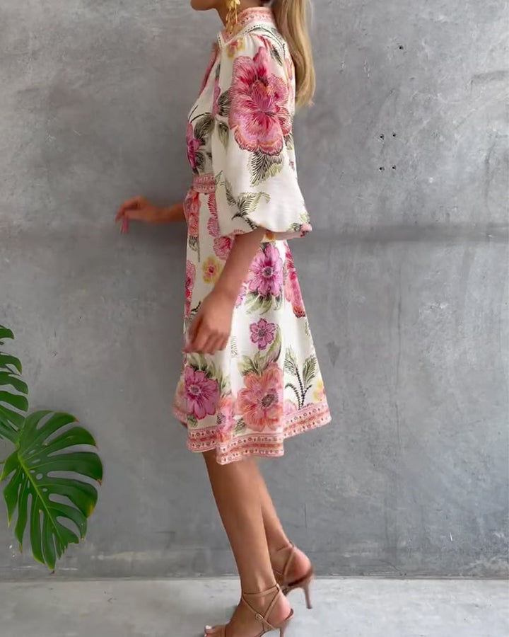 Damen A-Linien-Kleid mit Print | Knielanges Kleid mit Reverskragen und Laternenärmeln