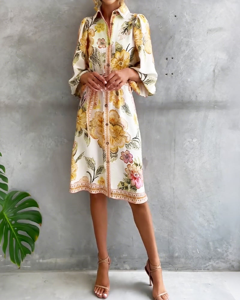 Damen A-Linien-Kleid mit Print | Knielanges Kleid mit Reverskragen und Laternenärmeln