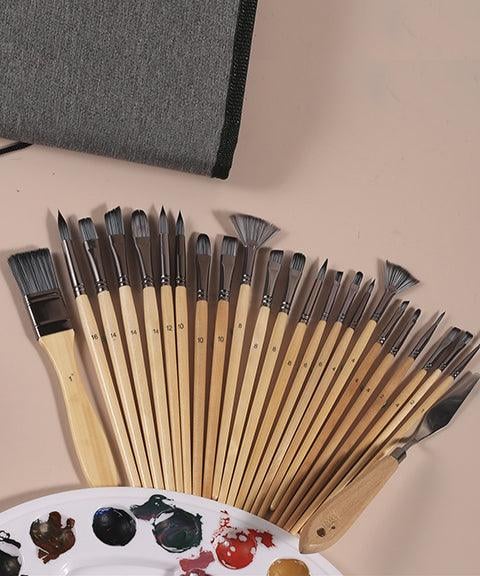 Set di pennelli 24 pezzi | Pennelli professionali per artisti con manico in legno | Acrilico, acquerello, olio e gouache