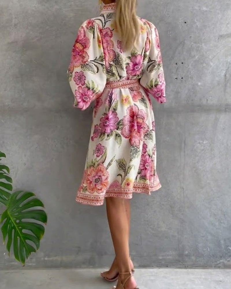 Damen A-Linien-Kleid mit Print | Knielanges Kleid mit Reverskragen und Laternenärmeln