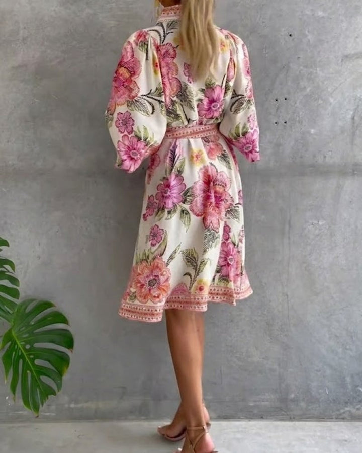 Damen A-Linien-Kleid mit Print | Knielanges Kleid mit Reverskragen und Laternenärmeln