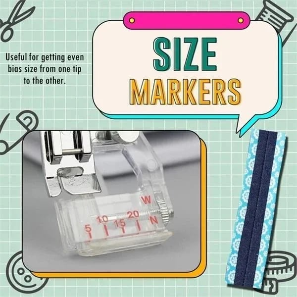 Adjustable bias foot for sewing machines | Adjustable 5–20 mm | Transparent scale guide, snap-on, set of 2