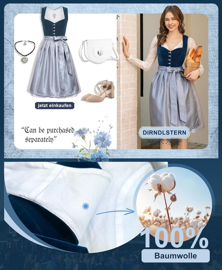 Dirndl Midi Damen | Samtdirndl mit Dirndlschürze für Oktoberfest, Volksfest und festliche Anlässe