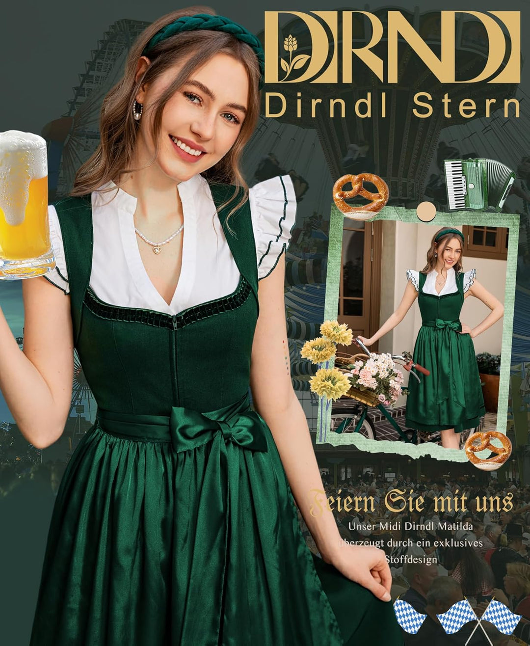 Dirndl Midi Damen | Leinen-Dirndl mit Trachtenrock und Schürze für Oktoberfest und Volksfest