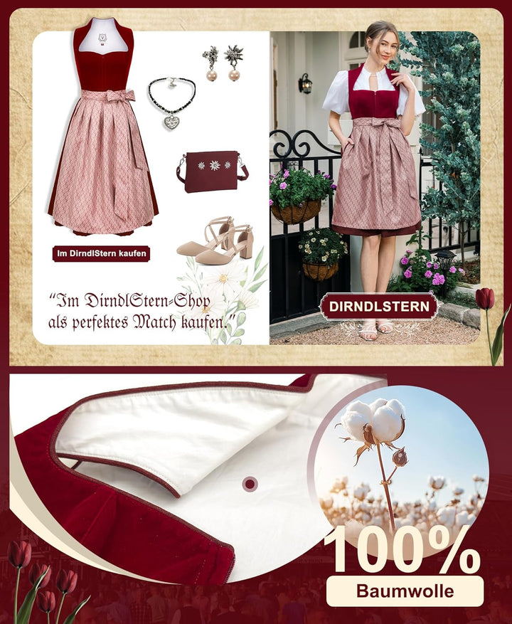 Dirndl Midi Damen | Rotes Samtdirndl mit Plissee-Schürze für Oktoberfest, Volksfest und festliche Anlässe