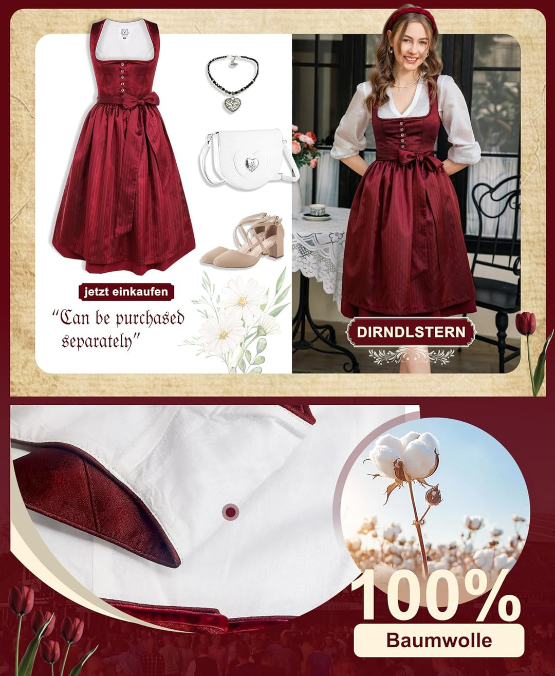 Dirndl Midi Damen | Trachtenkleid mit Plissee-Schürze für Oktoberfest, Volksfest und festliche Anlässe