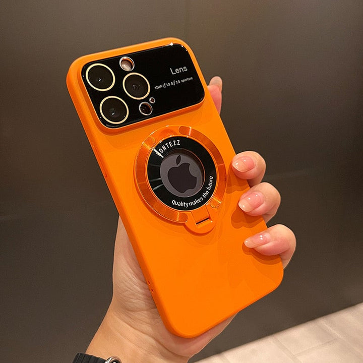 Custodia magnetica per iPhone | Compatibile con ricarica wireless | Supporto integrato, protezione per lente della fotocamera | Anti-impronte, PC trasparente