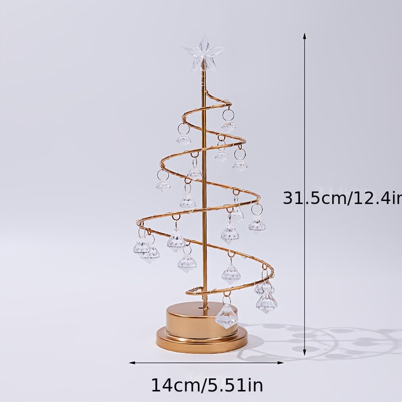 Beleuchteter Weihnachtsbaum mit Kristallanhängern | Warmweißer Deko-Baum aus Metall in Spiralform für Tisch und Regal