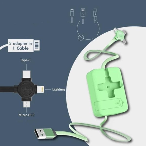 3-in-1 Ladekabel | Ausziehbares 1-m-Kabel mit USB-C, Micro-USB und Lightning-Anschluss für unterwegs