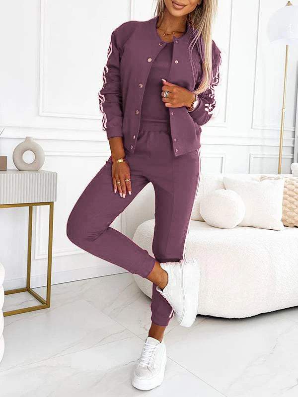 Women’s 3-piece set with baseball jacket, racerback top &amp; jogging pants | Warming &amp; breathable | Side stripe look | S–5XL