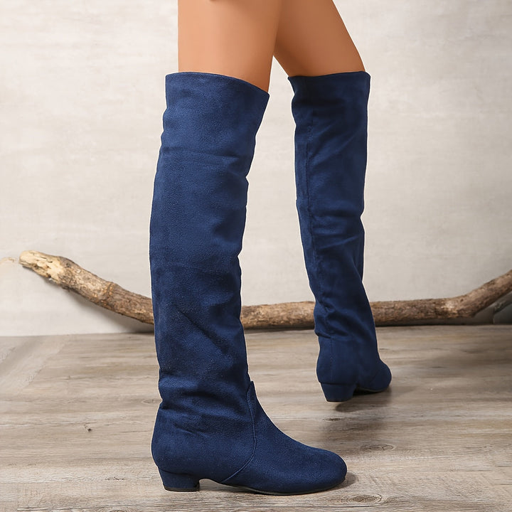 Damen Overknee Stiefel mit niedrigem Blockabsatz | Hohe Schlupfstiefel über dem Knie mit runder Spitze für Alltag und Freizeit