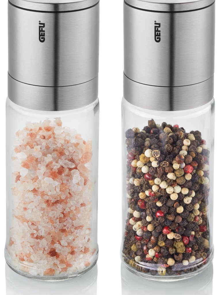 Salz- und Pfeffermühlen Set 2-teilig | GEFU LAMOLA mit stufenlos einstellbarem Keramikmahlwerk, Glasbehälter und Aromakappe
