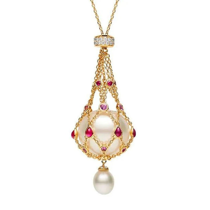 Pearl pendant with freshwater pearl &amp; gemstone | Lavalier design, timeless elegance | 35-inch chain, 14–15 mm pearl