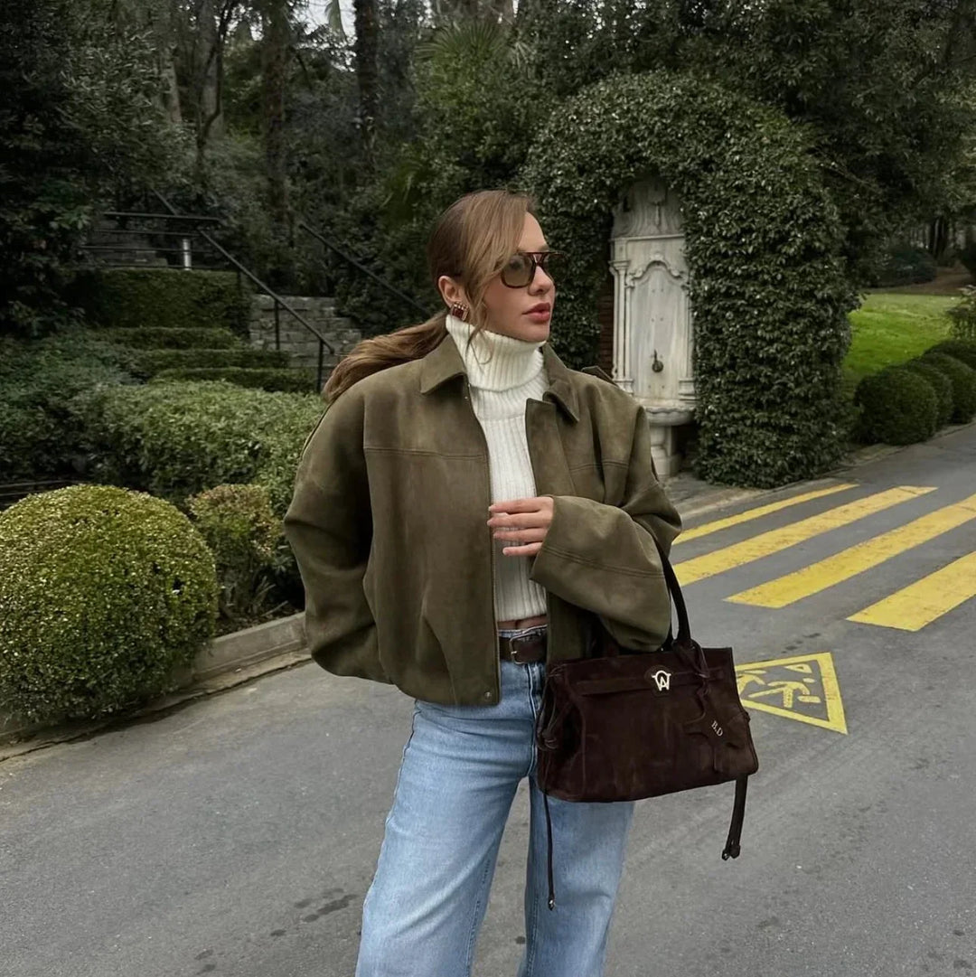 Giacca oversize da donna | effetto morbido scamosciato | completamente foderata | kaki