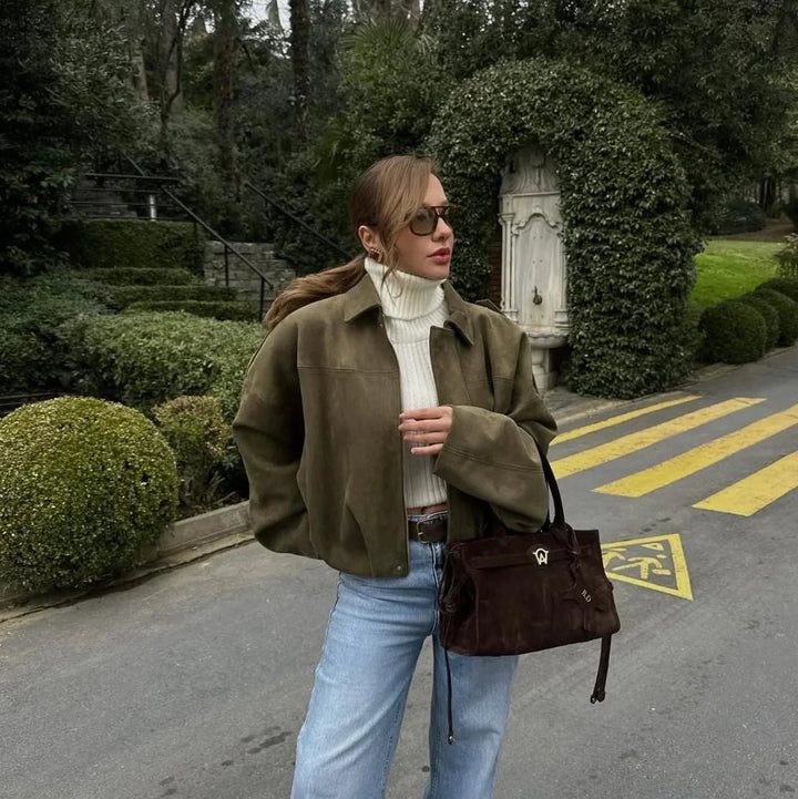 Giacca oversize da donna | effetto morbido scamosciato | completamente foderata | kaki