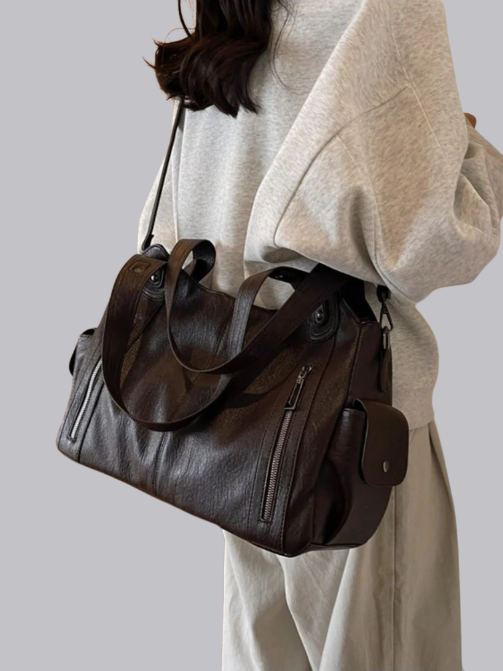 Damen Schultertasche | Große Umhängetasche aus veganem Kunstleder mit Reißverschluss und Laptopfach