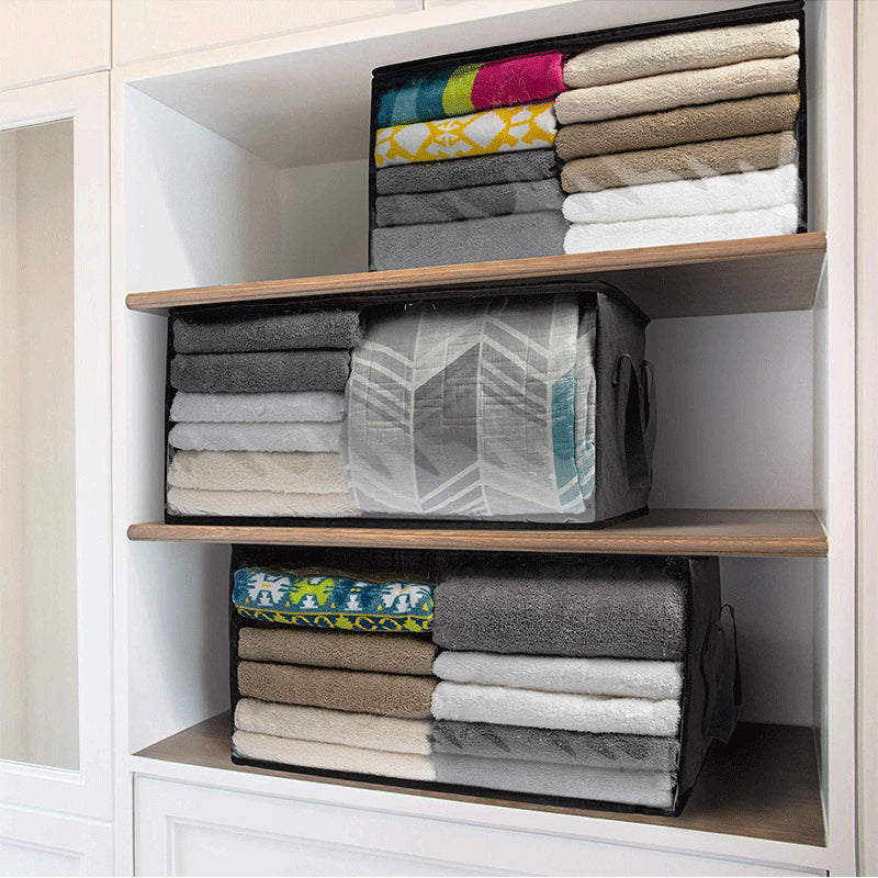 Faltbare Aufbewahrungsbox für Kleidung 58×31×30 cm | Vliesstoff mit Sichtfenster &amp; Reißverschluss | Für Decken, Bettwäsche &amp; Schrank
