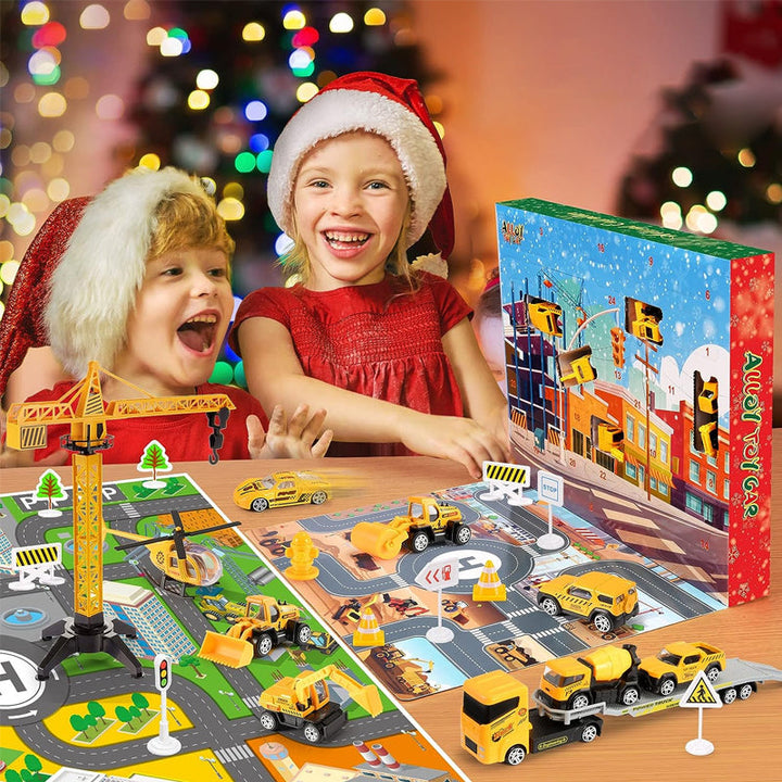 Baustellen Adventskalender für Kinder mit Baufahrzeugen | Weihnachtskalender mit Kran, Verkehrsschildern und Spielbrett aus Kunststoff