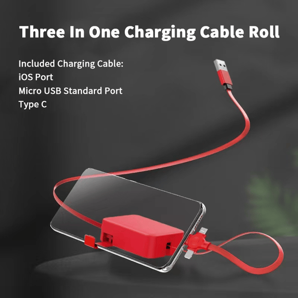 3-in-1 Ladekabel | Ausziehbares 1-m-Kabel mit USB-C, Micro-USB und Lightning-Anschluss für unterwegs