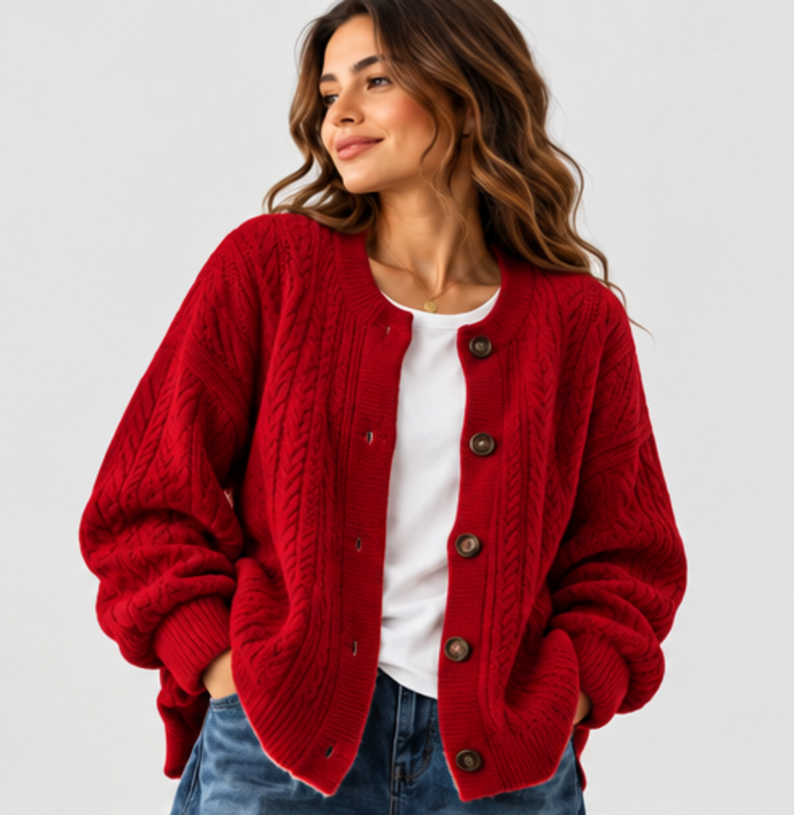 Damen Oversized Strick-Cardigan mit Zopfmuster | Lockere Strickjacke mit durchgehender Knopfleiste und Rippbündchen für Herbst und Winter