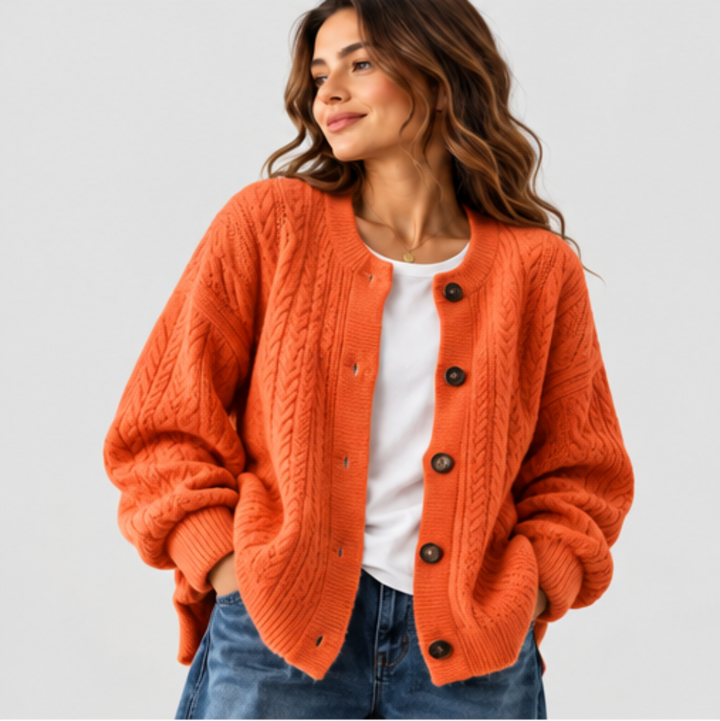 Damen Oversized Strick-Cardigan mit Zopfmuster | Lockere Strickjacke mit durchgehender Knopfleiste und Rippbündchen für Herbst und Winter