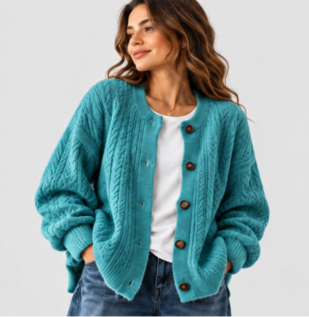 Damen Oversized Strick-Cardigan mit Zopfmuster | Lockere Strickjacke mit durchgehender Knopfleiste und Rippbündchen für Herbst und Winter