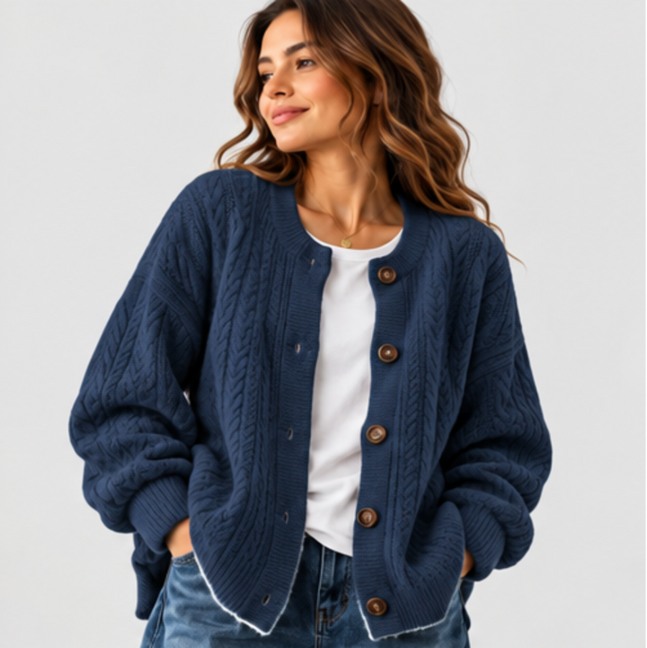 Damen Oversized Strick-Cardigan mit Zopfmuster | Lockere Strickjacke mit durchgehender Knopfleiste und Rippbündchen für Herbst und Winter