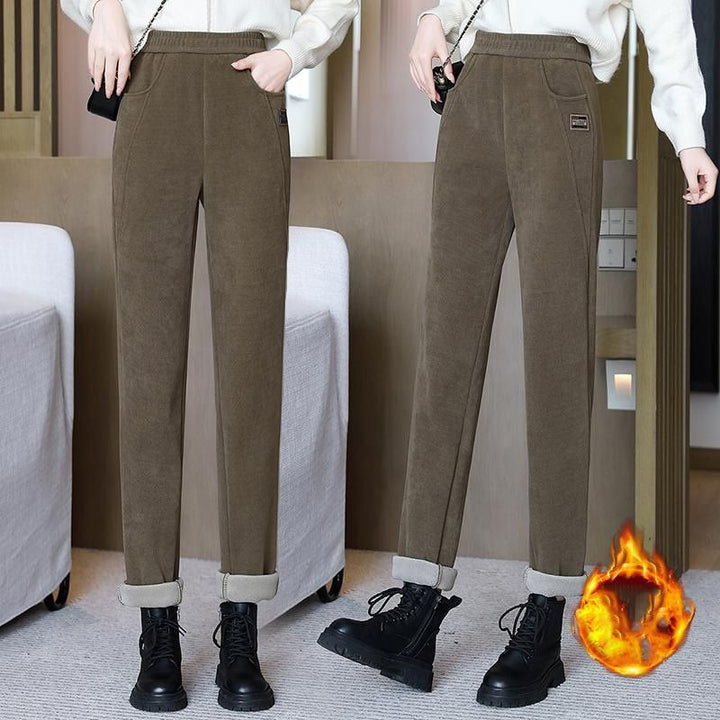 Damen Cordhose mit Fleecefutter | Hoch geschnittene Winterhose mit Taschen und leicht elastischer Passform